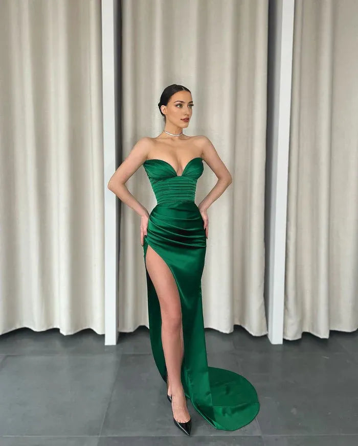 Weitese Dress Sweetheart Sheath Party Dress Sleeveless High Slit Pleated Satin Evening Gowns with Train Prom Dress